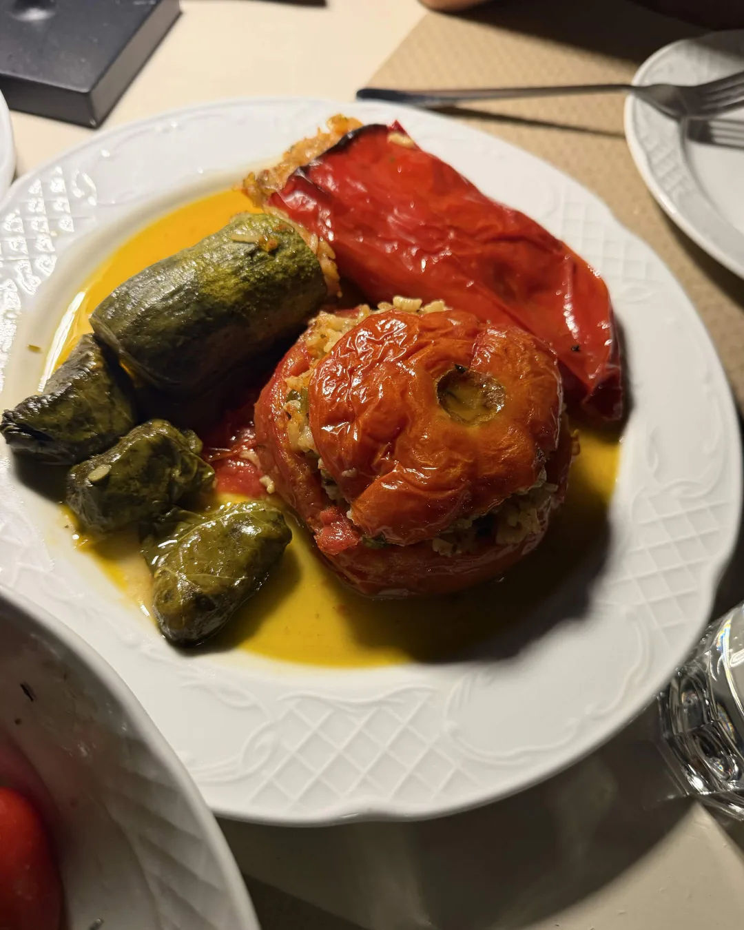Wood-fired gemista with stuffed tomato, pepper and courgette at Taverna Aloni