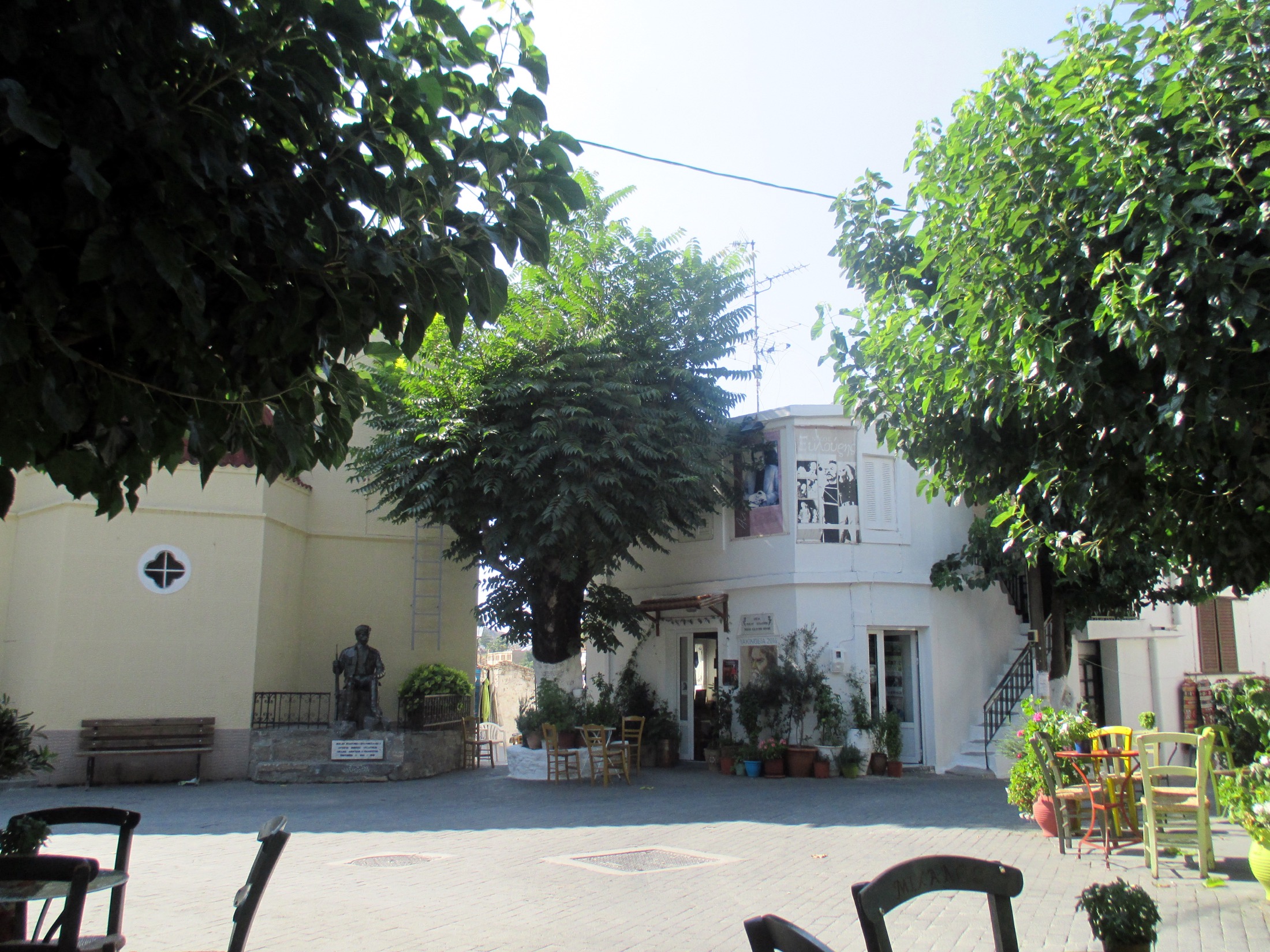 Public square and village buildings in Anogeia on the northern side of Psiloritis