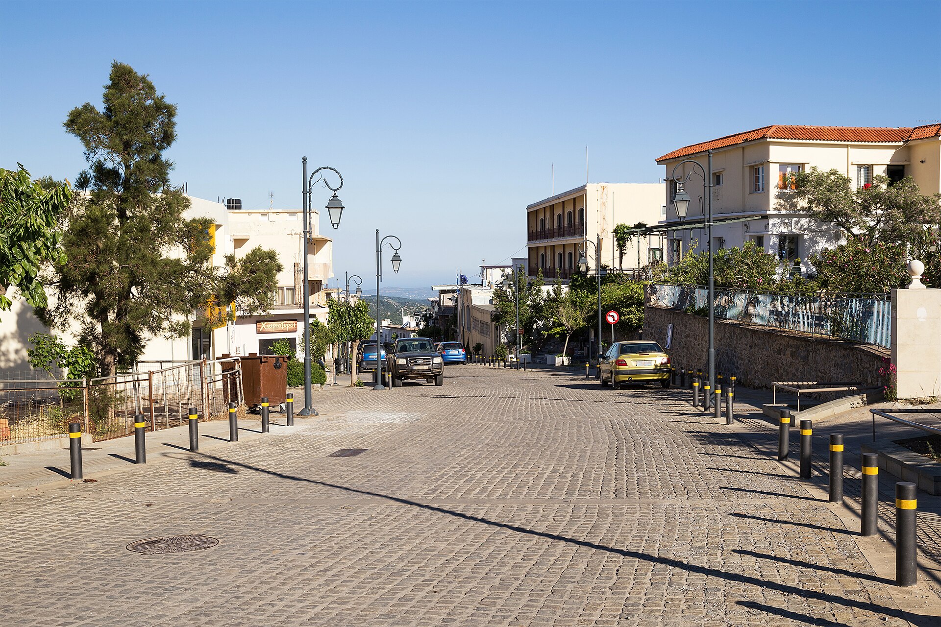 A stone-built street climbing through the mountain village of Anogeia on the slopes of Psiloritis in Crete
