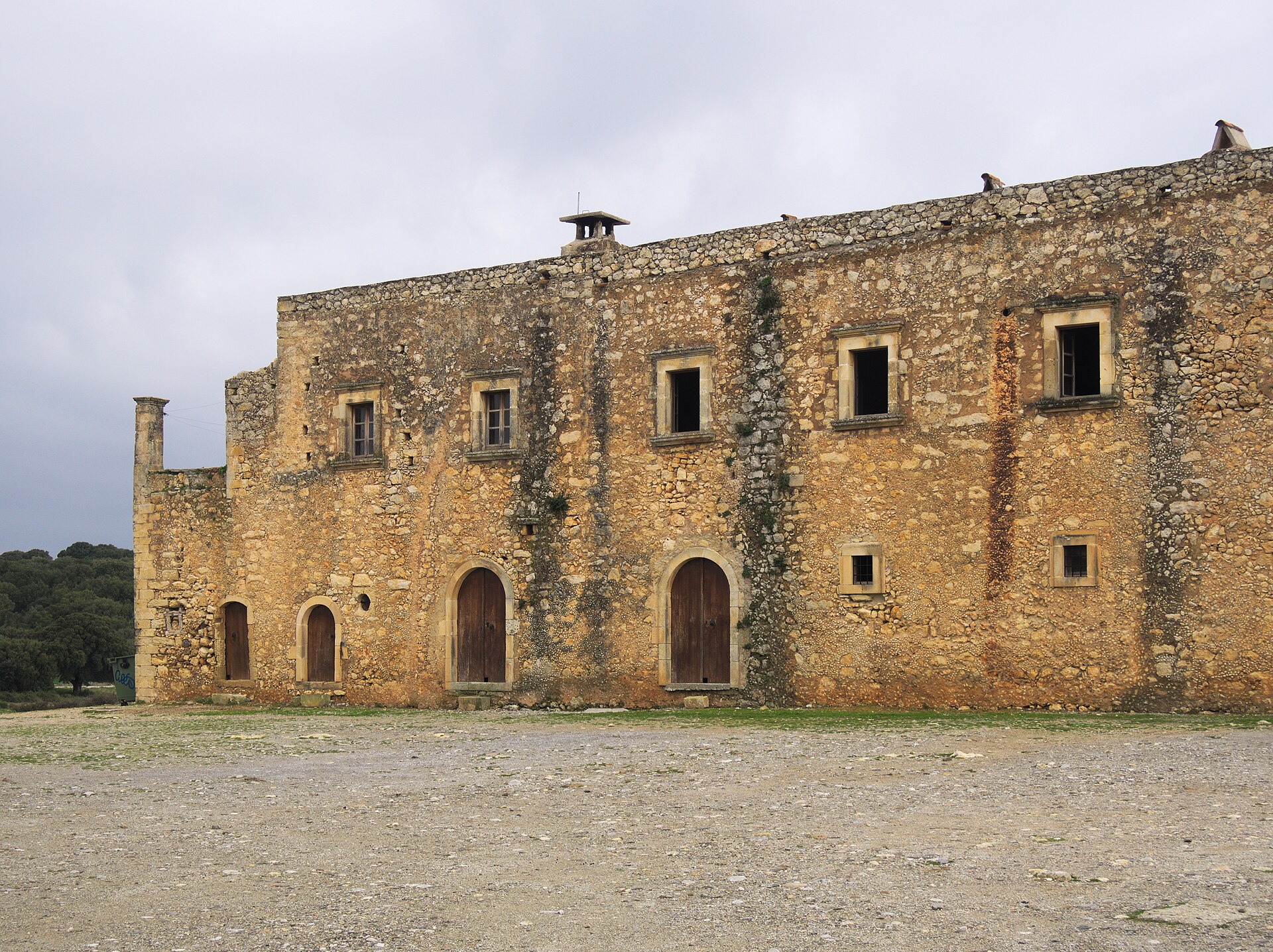 The Venetian-era Baroque facade of the Arkadi Monastery church near Rethymno, Crete, a landmark of 1866 resistance history