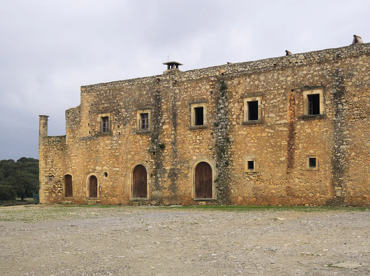 The Venetian-era Baroque facade of the Arkadi Monastery church near Rethymno, Crete, a landmark of 1866 resistance history
