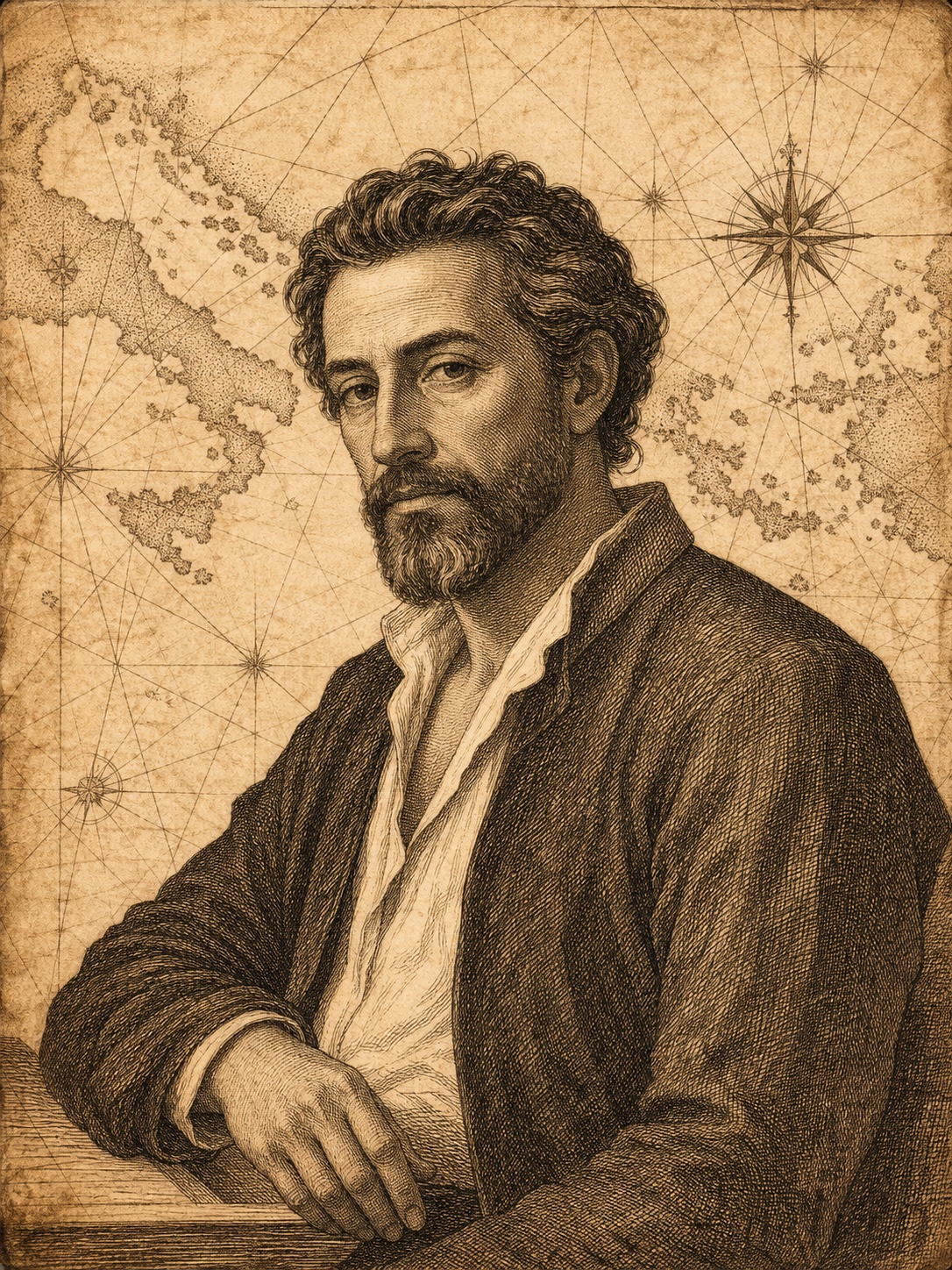 Engraved illustration of Kostis Kornaros, half-length, over a portolan chart of the Aegean