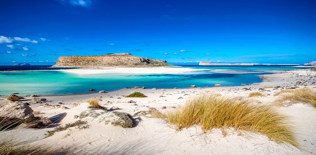 Balos Lagoon with white sand and crystal blue water