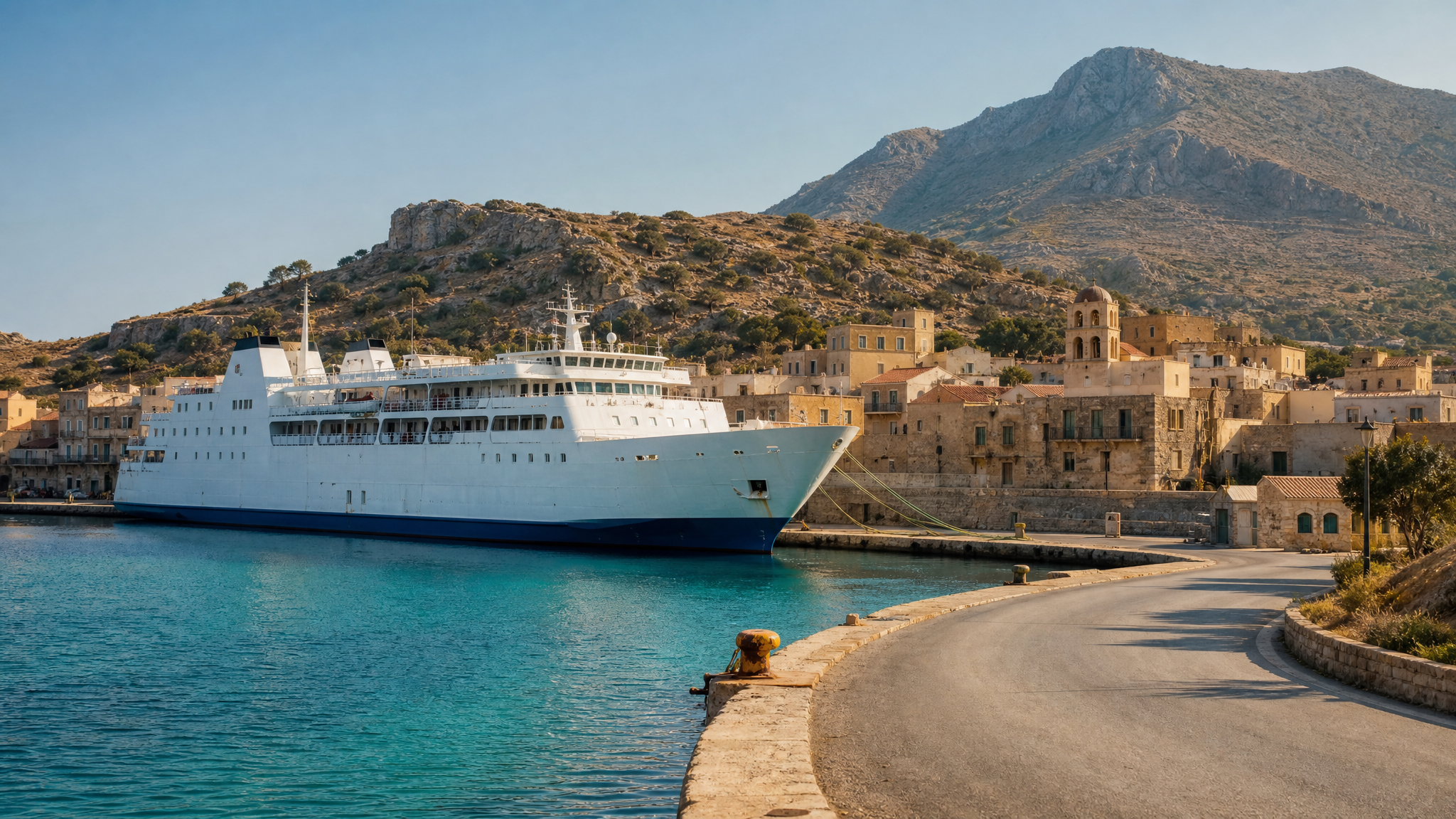 Ferry at a Cretan harbour with mountains behind, showing arrival context