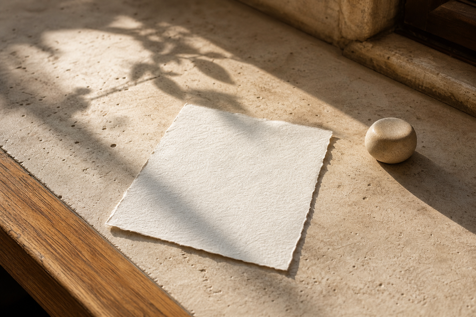 Blank handmade paper on pale stone in Mediterranean light