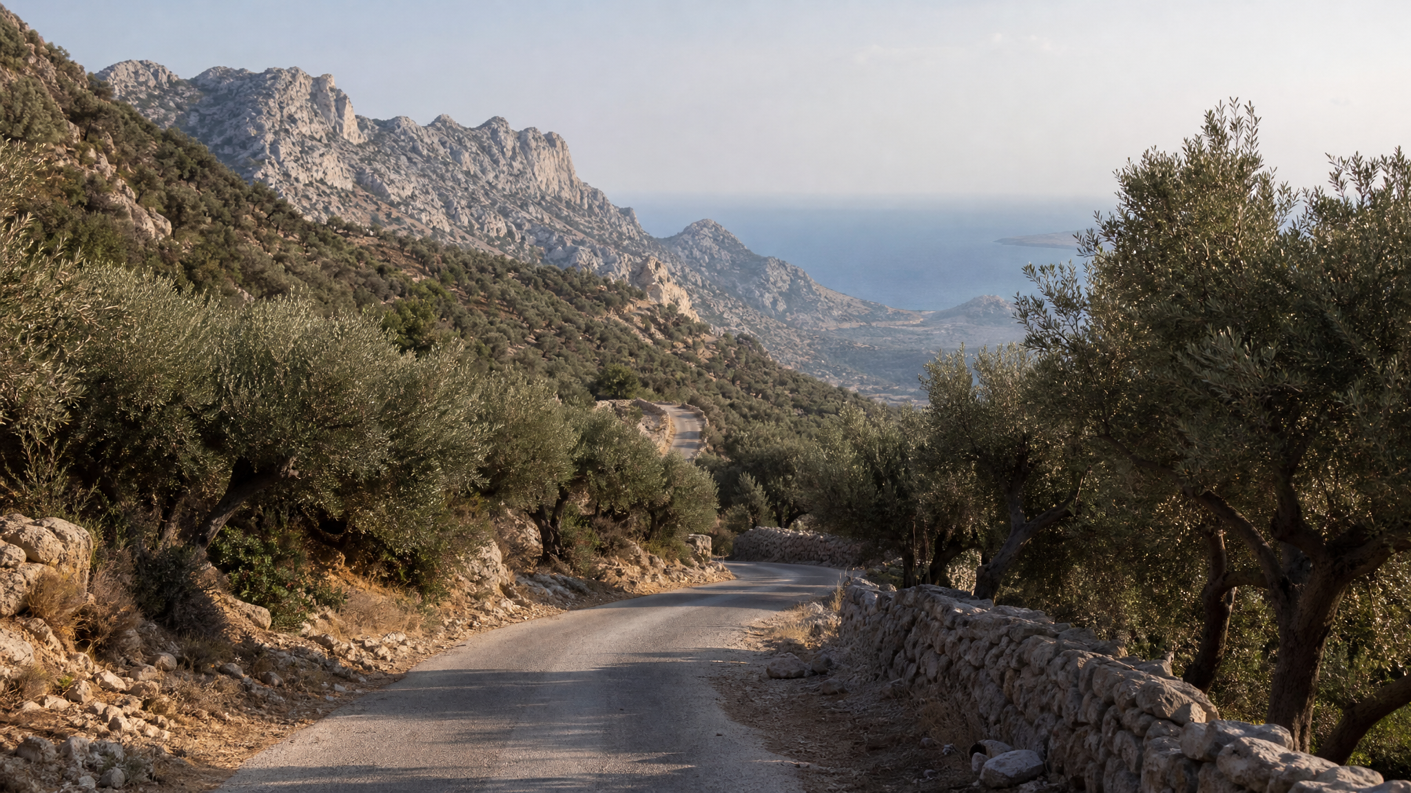 A road curving through the Cretan landscape, mountains ahead, coast in the distance