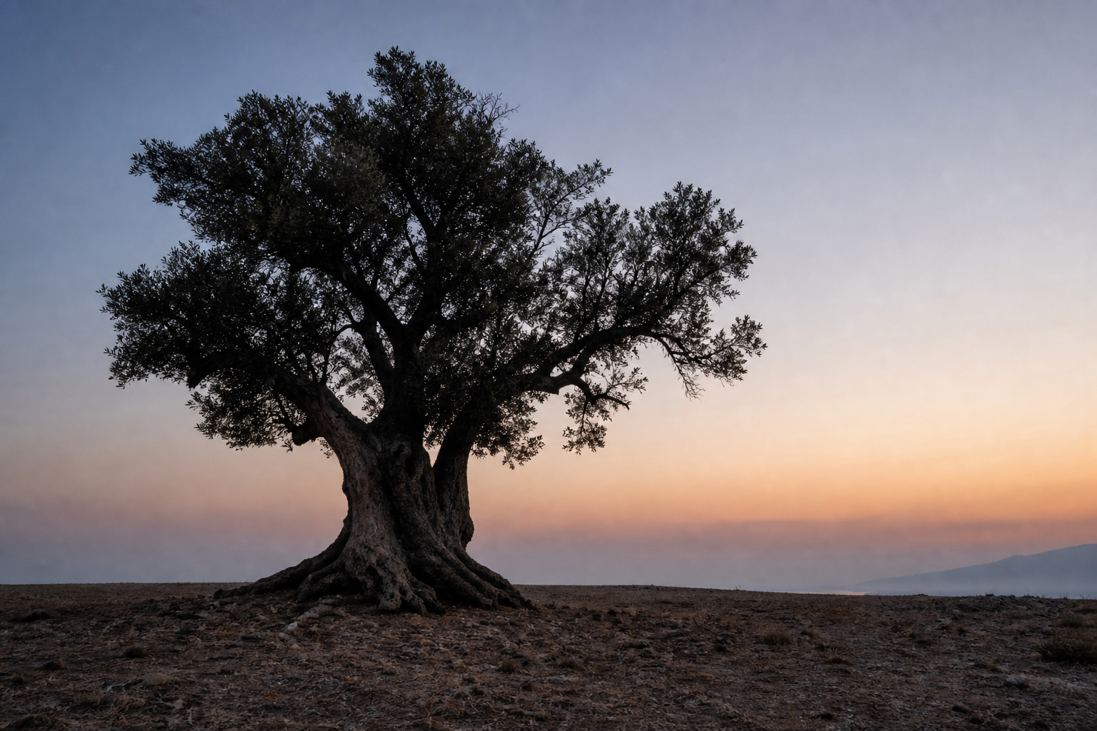 Old olive tree silhouette against a pale Cretan dawn sky
