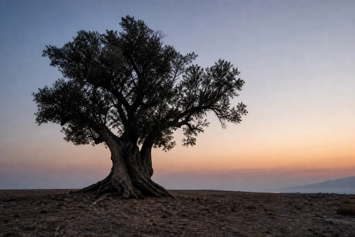 Old olive tree silhouette against a pale Cretan dawn sky