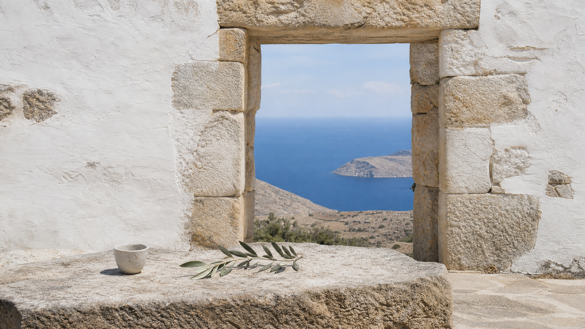 Stone doorway framing a view of the sea, suggesting careful selection