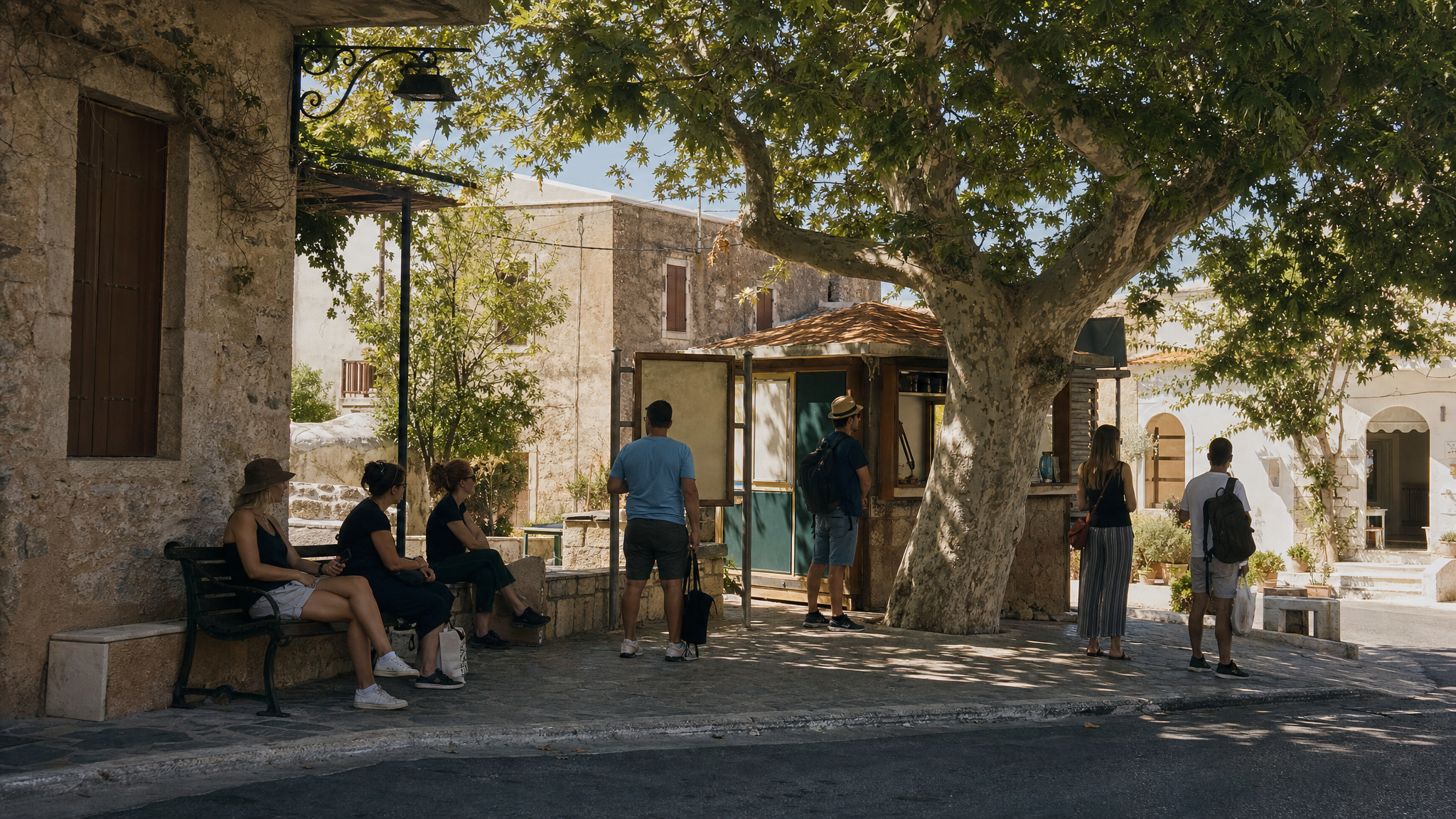 A town-base transport scene representing car-free travel planning in Crete