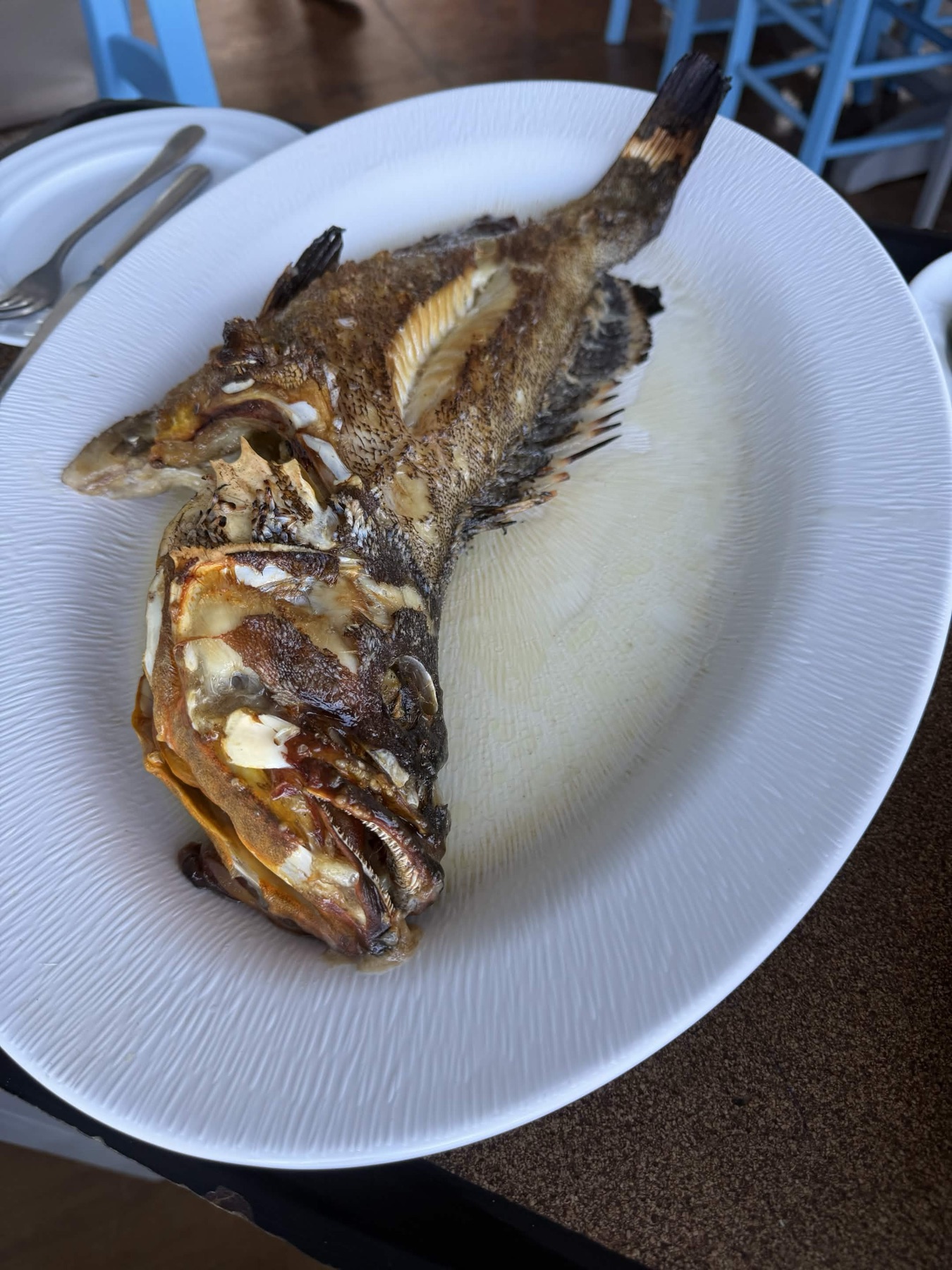 Whole cooked rofos on a white platter at Giovanni in Plaka.