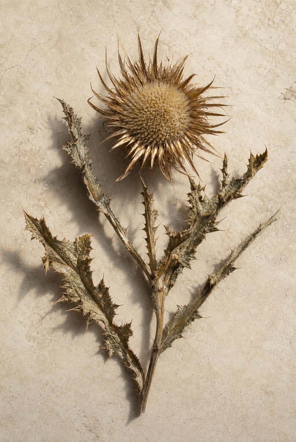 Thistle-like dried flower head arranged as a restrained editorial botanical image