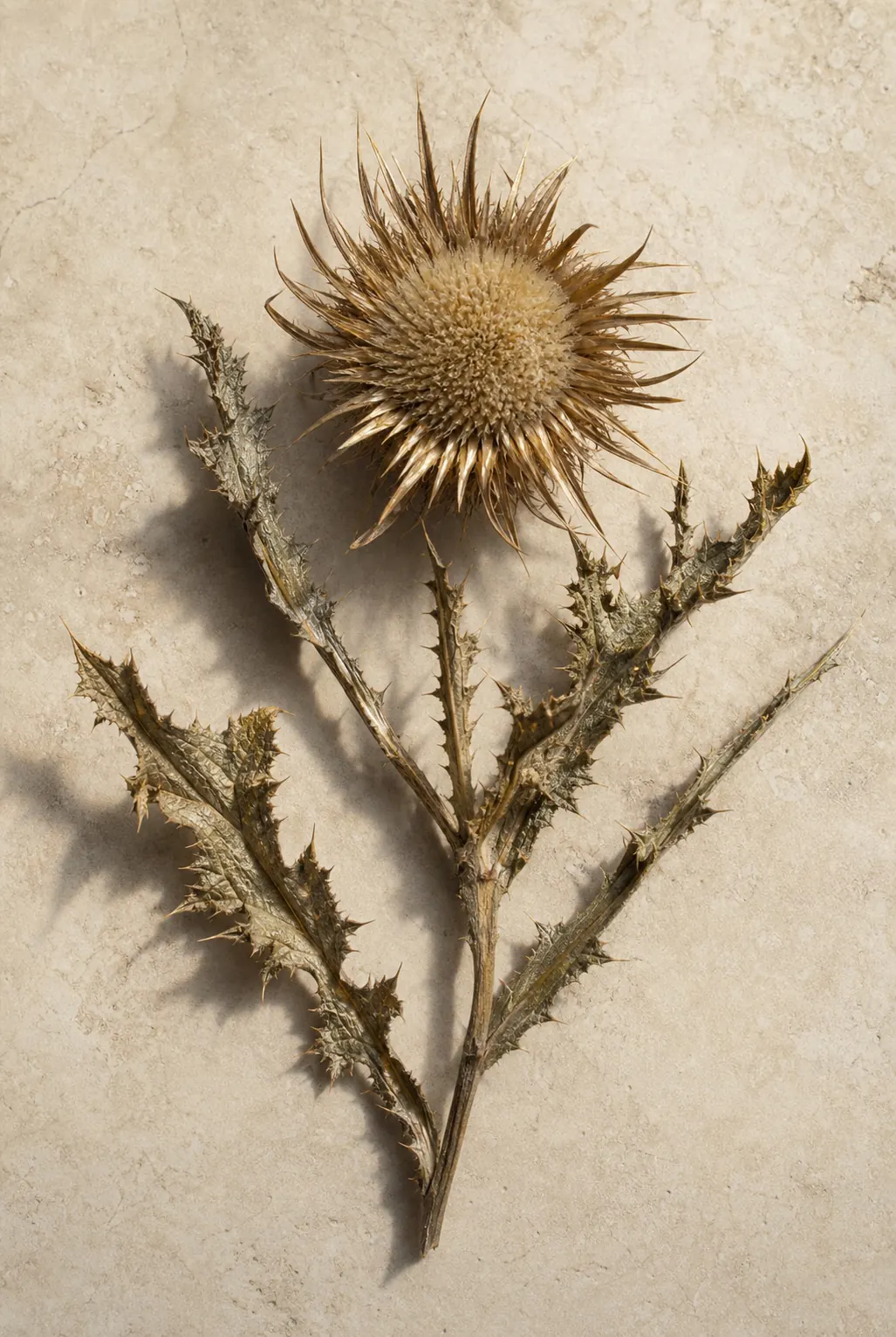 Thistle-like dried flower head arranged as a restrained editorial botanical image