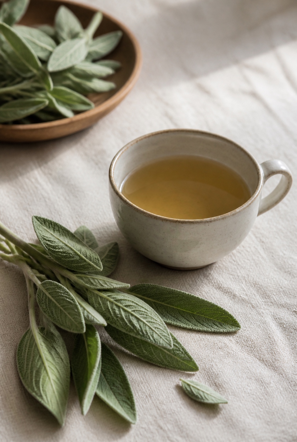 Sage-like leaves and a cup of herbal infusion in a quiet editorial setting