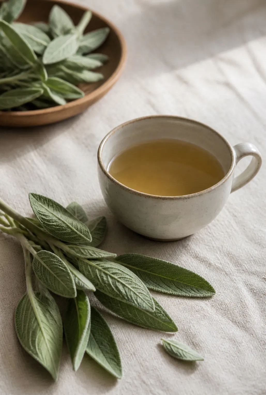 Sage-like leaves and a cup of herbal infusion in a quiet editorial setting