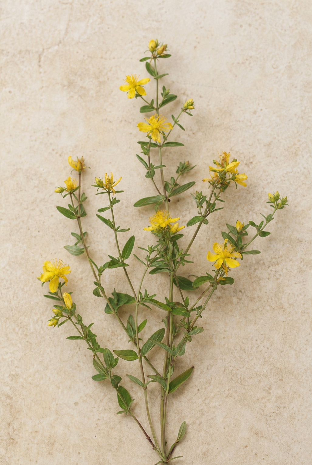 Yellow-flowering Hypericum-like stems arranged as an editorial botanical image