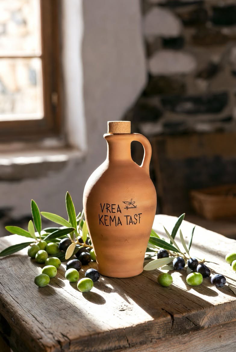 Cretan olive oil served on a wooden table