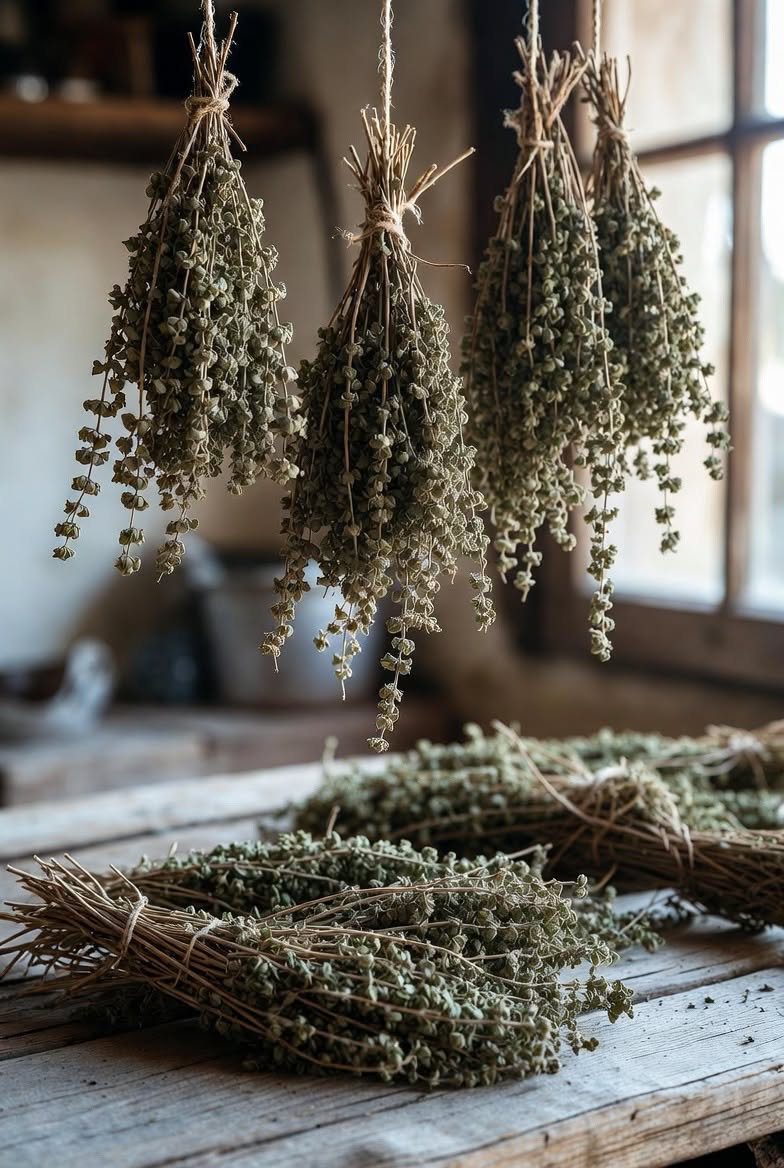 Dried Cretan oregano sprigs on a rustic surface