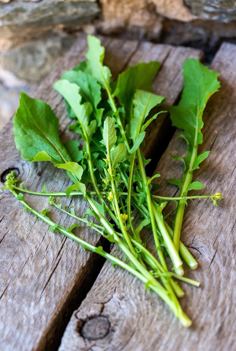 Fresh stamnagathi wild chicory greens on a plate