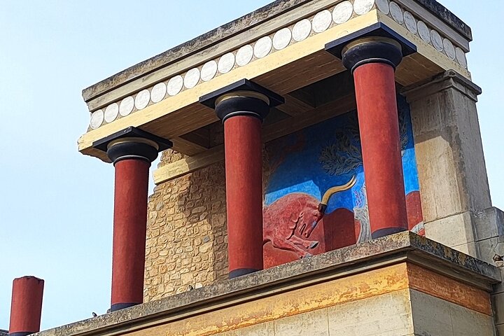 The iconic bull fresco and crimson columns of the reconstructed North Portico