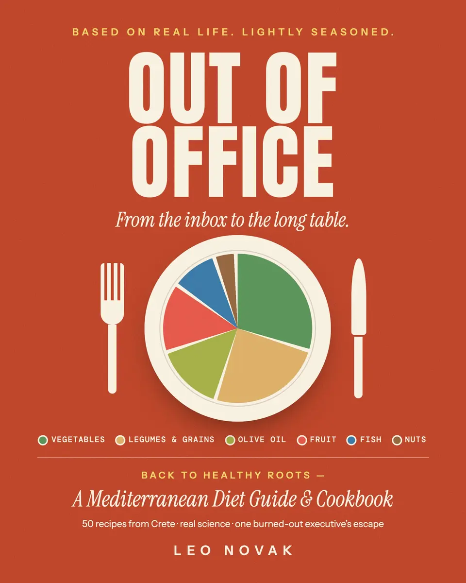 The cover of Out of Office by Leo Novak: a plate drawn as a pie chart of vegetables, legumes, olive oil, fruit, fish and nuts on a tomato-red background.