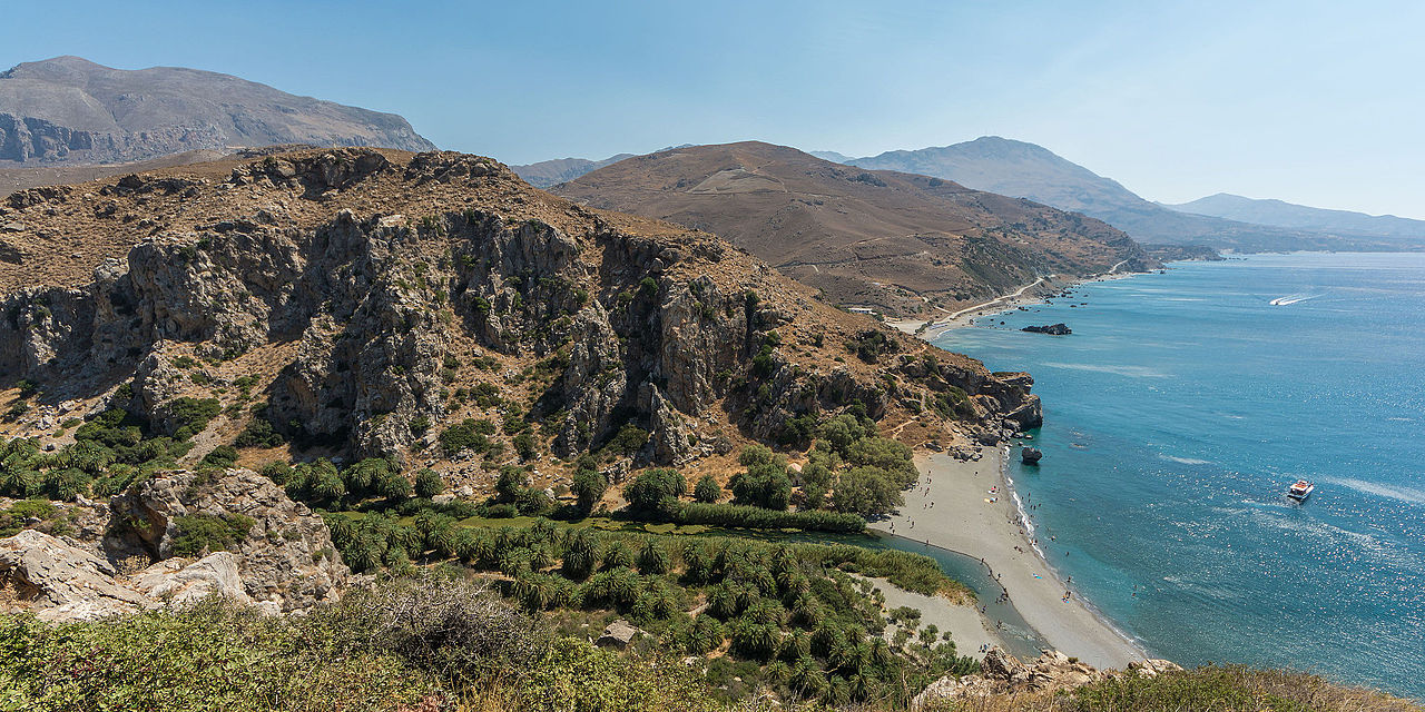 Preveli Palm Beach with the Megalopotamos river mouth, palm grove, beach, and Libyan Sea