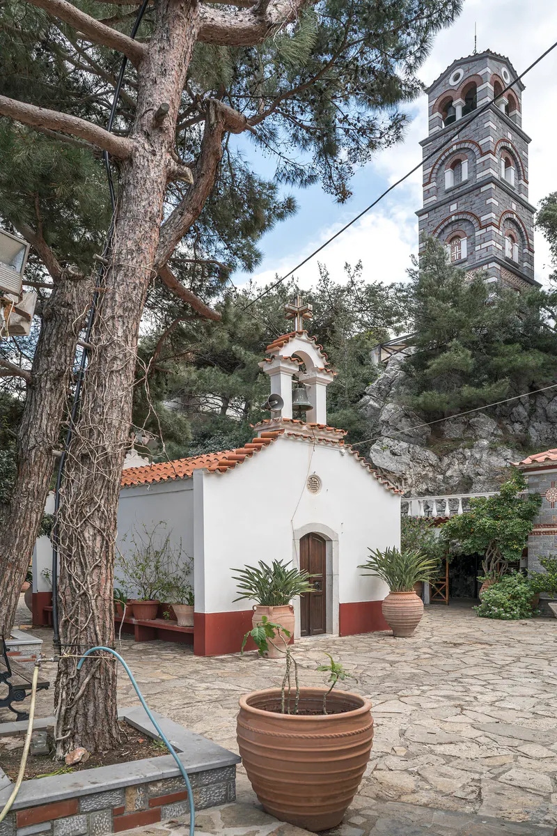 Church and courtyard detail at Agios Georgios Selinari Monastery