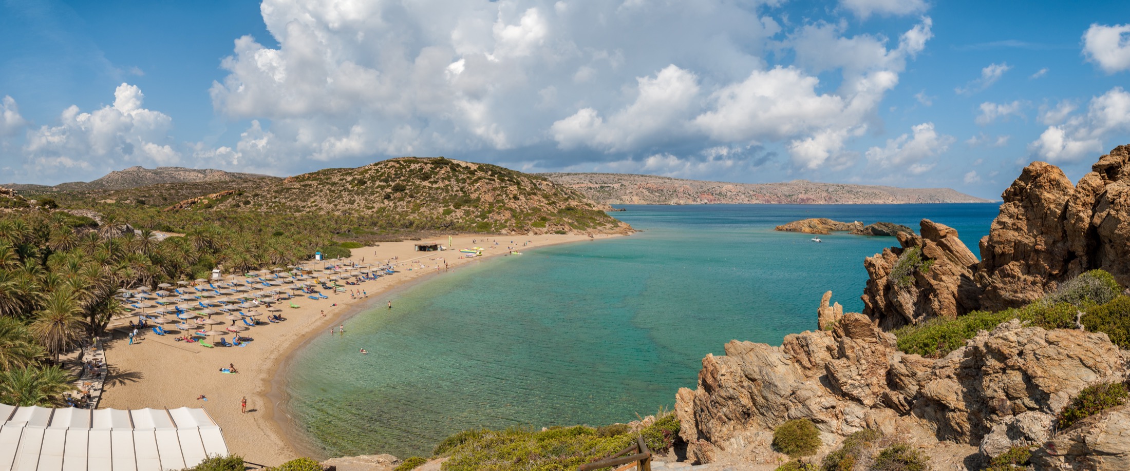 Panorama of Vai Beach and its protected palm-backed bay in eastern Crete